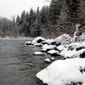 snow covered river bank